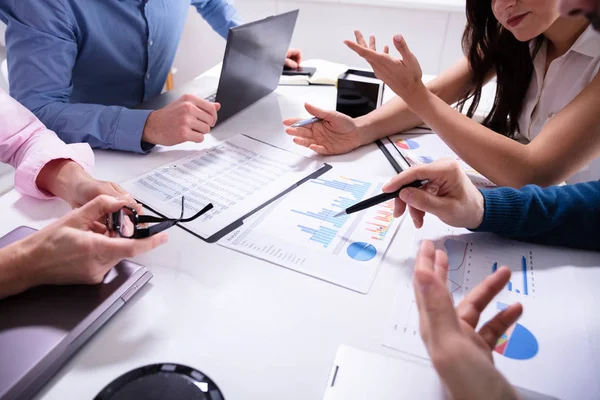 Close Business Colleagues Working Together Data Analysis Paper Desk — Stock Photo, Image