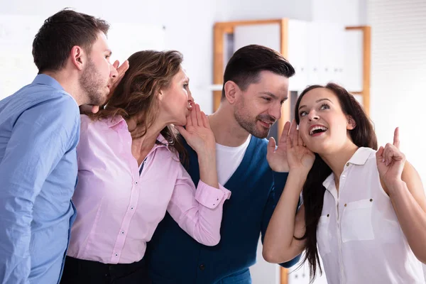 Business Colleague Whispering Secret Gossip Amazed Shocked Woman Wide Open — Stock Photo, Image