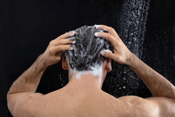 Rear View Man Washing Head Shampoo Shower — Stock Photo, Image