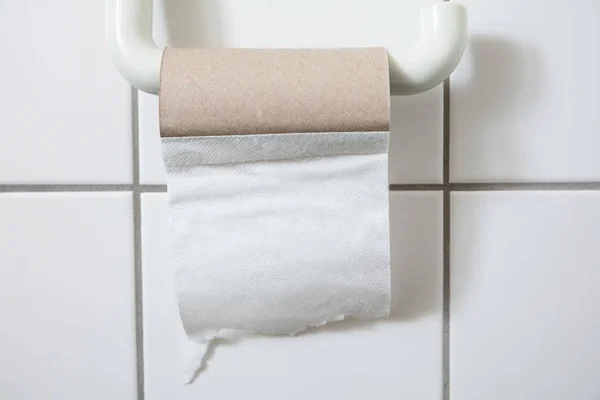 Zbliżenie Zakończonego Rolki Papieru Toaletowego Łazience — Zdjęcie stockowe