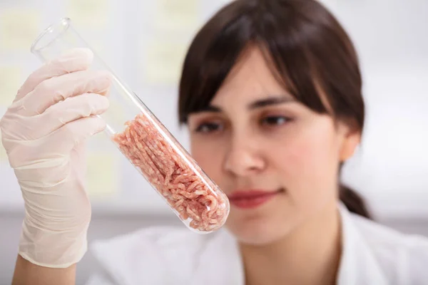 Νεαρή Γυναίκα Επιστήμονας Χέρια Εκμετάλλευση Ακατέργαστου Κρέατος Σωλήνα Εργαστηριακών Δοκιμών — Φωτογραφία Αρχείου