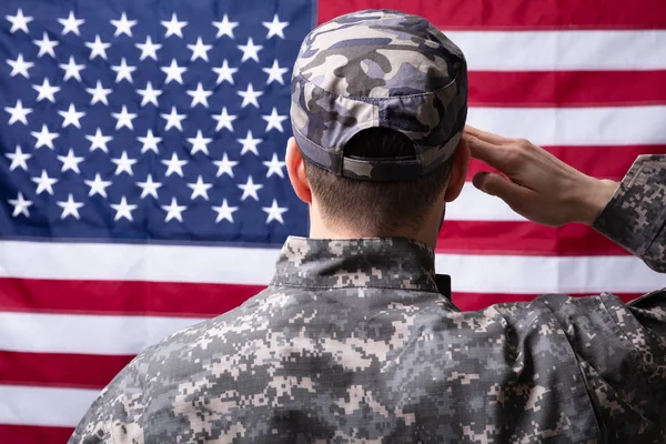 Katonai Man Saluting Minket Zászló Hátulnézet — Stock Fotó