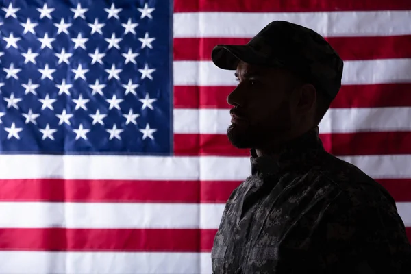 Close Male Solider Standing Front Flag — Stock Photo, Image