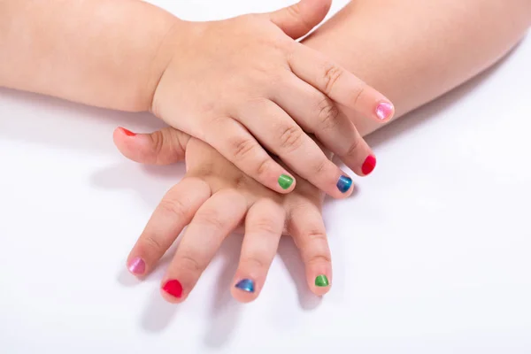 Close Small Girl Showing Colorful Nail Polish White Background — Stock Photo, Image
