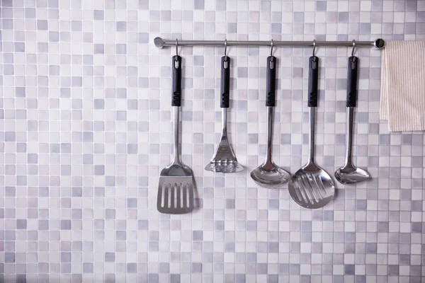 Set Metal Kitchen Utensils Hanging Wall — Stock Photo, Image