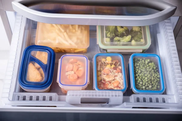 Stacked Plastic Containers Various Food Store Refrigerator — Stock Photo, Image