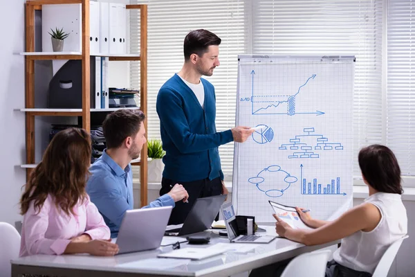 Jonge Zakenman Presentatie Geeft Aan Zijn Collega Office — Stockfoto