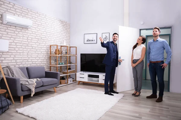 Happy Realtor Showing New Modern House Customers — Stock Photo, Image