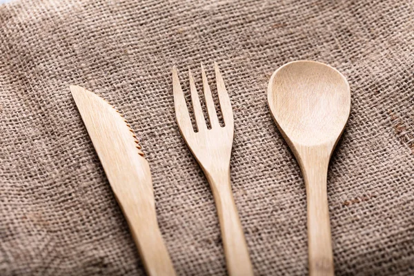 Overhead View Wooden Spoon Fork Knife — Stock Photo, Image