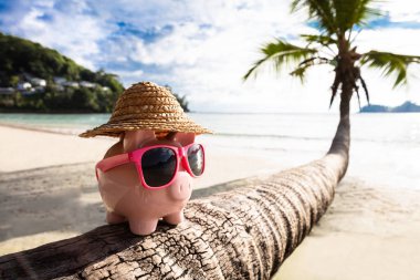 Close-up Of Pink Piggybank With Sunglasses On Tree Trunk At Beach clipart