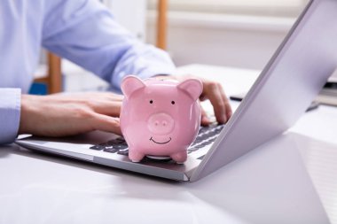 Pembe Piggybank ile Laptop Üzerinde Çalışan İşadamı Nın Eli Close-up