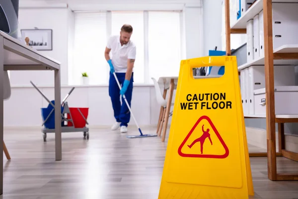 Male Janitor Mop Cleaning Modern Office Floor — Stock Photo, Image