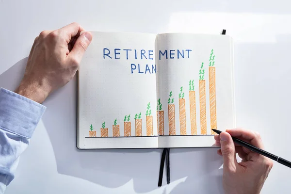 Elevated View Human Hand Drawing Retirement Plan Growth Concept Notebook — Stock Photo, Image