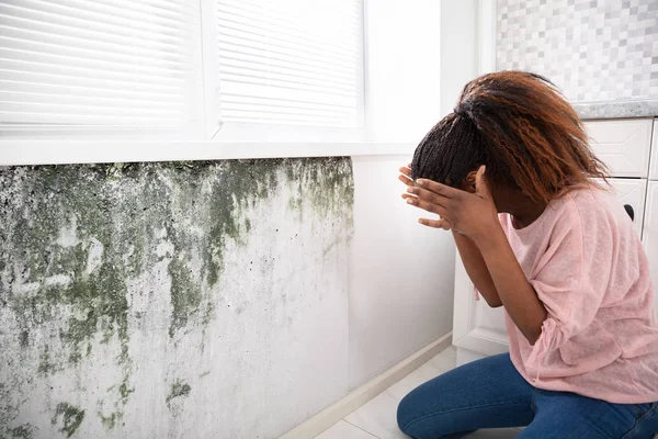 Side View Of A Shocked Young Woman Looking At Mold On Wall