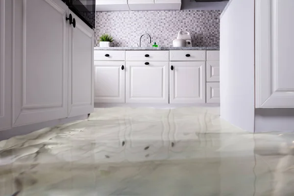 Close Flooded Floor Kitchen Water Leak — Stock Photo, Image