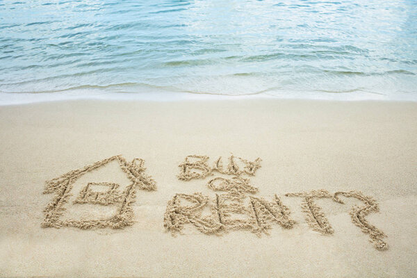 Купить или арендовать текст с рисунком дом на песке у моря на пляже
