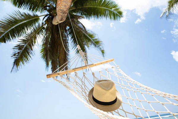 Close-up Of Hat On Hammock Under The Palm Tree Against Blue Sky