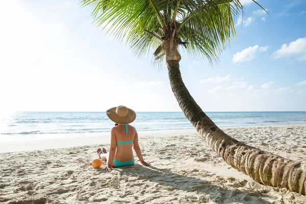 Bakifrån Kvinna Som Bär Hatt Med Kokos Vatten Sitter Sand — Stockfoto