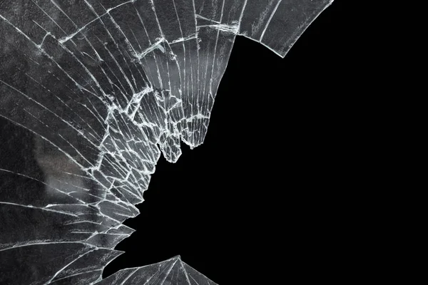 Broken Cracked Glass Big Hole Black Background — Stock Photo, Image