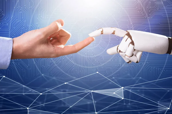Robot Touching Man Index Finger Digital Backdrop — Stock Photo, Image