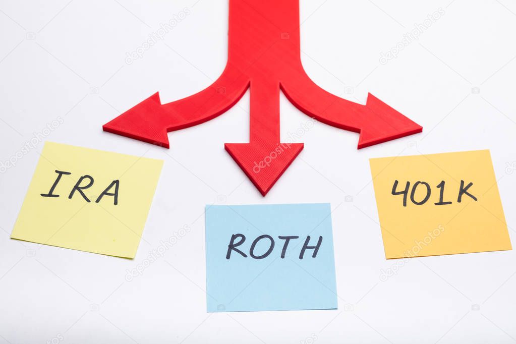 Direction Arrow With Text Of 401k, Roth And Ira