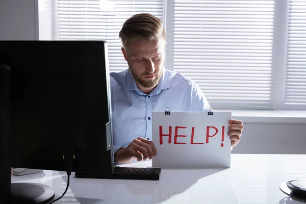 Upset Young Man Holding Cardboard Help Text Office — Stock Photo, Image