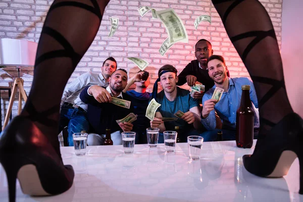 Joyful Young Male Friend Offering Money Stripper Performing Stage — Stock Photo, Image