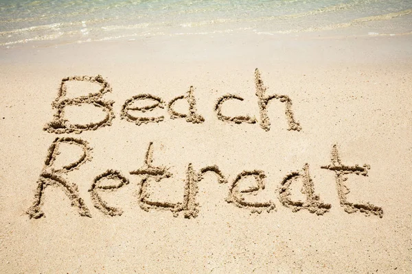 Close Beach Retreat Text Sandy Beach Idyllic Sea — Stock Photo, Image