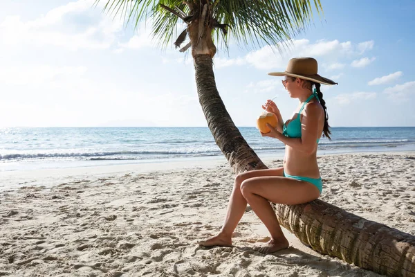 Młoda Kobieta Bikini Siedzi Palmie Bagażnik Pijąc Wodę Kokosową Plaży — Zdjęcie stockowe