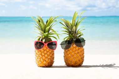 Sahilde Kum üzerinde Kırmızı Ve Siyah Güneş Gözlüğü ile İki Ananas