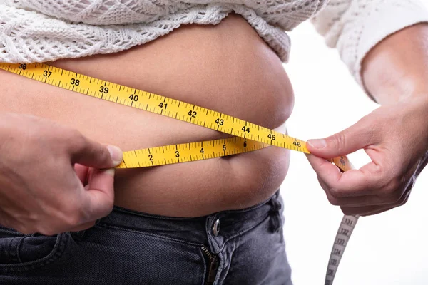 Midsection Woman Measuring Her Belly Yellow Measuring Tape — Stock Photo, Image