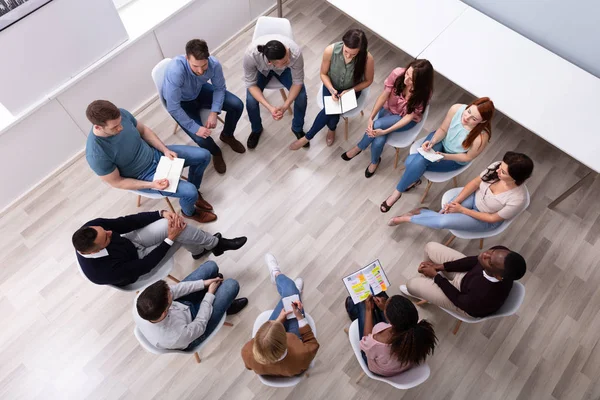 High Angle View Young Multiracial Millennial Friend Sitting Circle Counseling — Stock Photo, Image