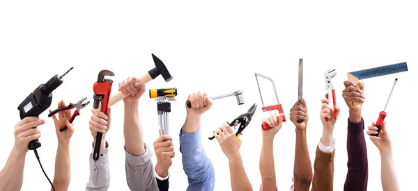 Close People Hand Holding Carpentry Tools White Background — Stock Photo, Image