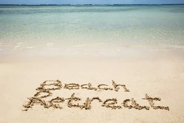 Zbliżenie Plaży Retreat Tekst Piaszczystej Plaży Pobliżu Idylliczne Morze — Zdjęcie stockowe
