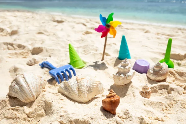 Plastleksaker Och Snäckskal Sand Stranden — Stockfoto