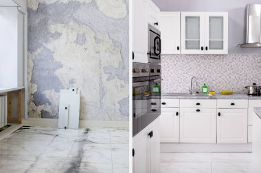 Before And After Of Modern Kitchen Apartment Room In Renovated House clipart