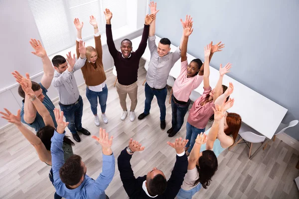 Multiracial Millennial People Standing Circle Raising Hands Together — Stock Photo, Image