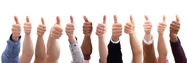 Close People Hand Wyświetlanie Kciuk Górę Znak Przeciwko Izolowane Białym — Zdjęcie stockowe