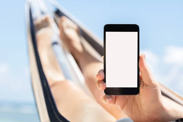 Young Woman Lying Hammock Using Mobile Phone White Screen Display — Stock Photo, Image
