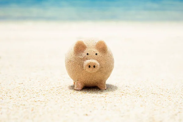 Zbliżenie Piggybank Wykonane Piasku Plaży — Zdjęcie stockowe