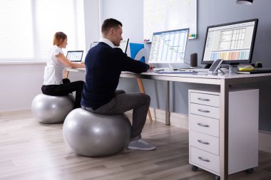 İki Işadamları bilgisayar üzerinde çalışan ofis Fitness Ball üzerinde oturuyor