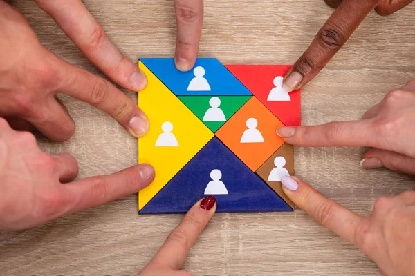 High Angle View Group People Hand Colorful Tangram Puzzle Blocks — Stock Photo, Image