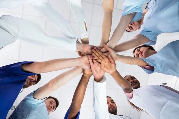 Low Angle View Doctor Stacking Hands Together Hospital — Stock Photo, Image