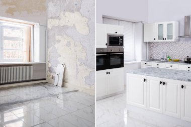 Before And After Of Modern Kitchen Apartment Room In Renovated House clipart
