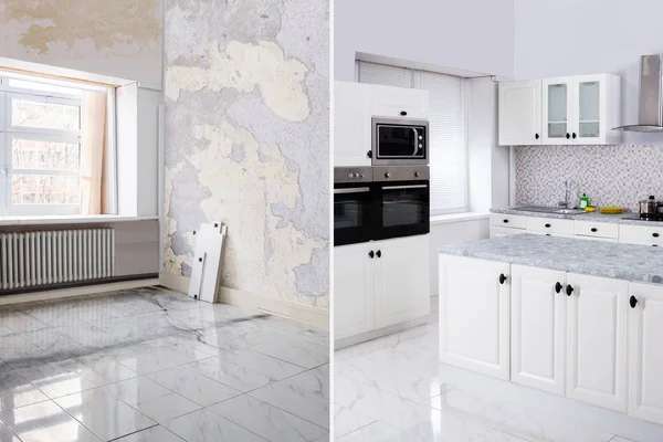 Vorher Und Nachher Der Modernen Küche Appartement Zimmer Renovierten Haus — Stockfoto