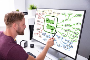 Zihin harita grafik çalışma alanı'nı bilgisayara yapma bir işadamı Close-up