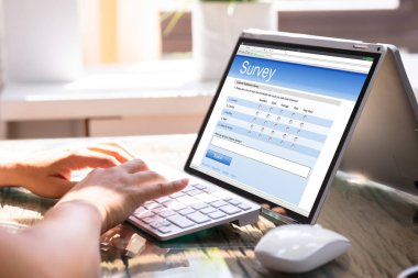 Dizüstü Bilgisayarda Bir İş Kadınının Elini Doldurma Online Anket Formu'nun Yakın Çekim
