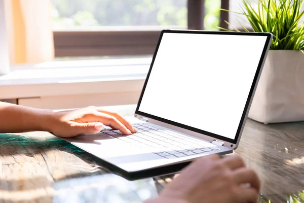 Close Businesswoman Working Laptop Empty Scree — Stock Photo, Image