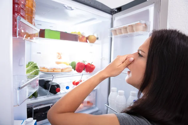 Side View Young Woman Recognizing Bad Smell Coming Refrigerator — Stock Photo, Image