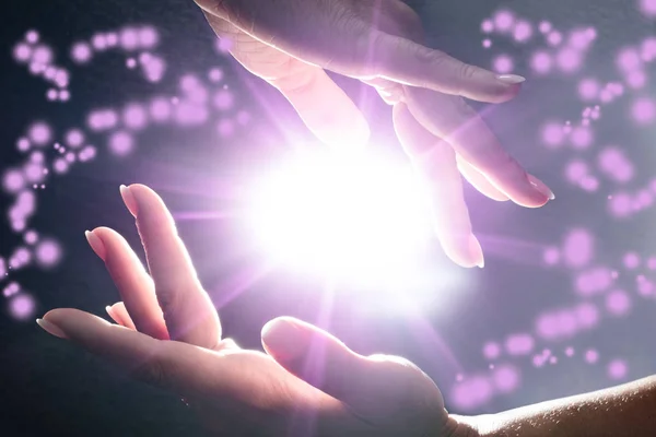 Close Mysterious Glowing Power Hands — Stock Photo, Image